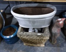 Quantity garden ornaments  to include square stone garden planter with frieze decoration, cream