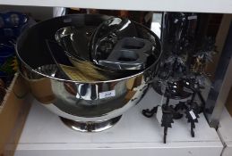 Large metal bowl together with two metal candelabra, bowls, etc