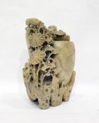 Soapstone brush pot modelled with two vases amidst foliage and birds, etc, 22cm high