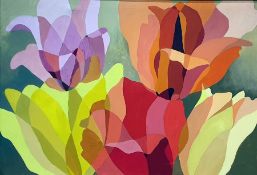 Large modern abstract watercolour indistinctly signed, two framed prints and a framed poster of