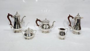 Elizabeth II silver five-piece service comprising teapot, hot water pot, coffee pot, sugar bowl