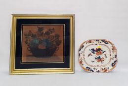Pastel drawing, still life of flowers and fruit in basket and a large ironstone meat plate marked '