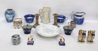 Pair of Doulton Siliconware candlesticks of cylindrical form with applied blue and white