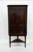 Georgian inlaid mahogany corner cabinet on later stand with cavetto cornice, plain cross-banded