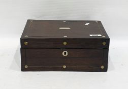 Victorian rosewood workbox of rectangular form with mother-of-pearl inlay, still containing sewing