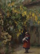 Alfred William Strutt (1856-1924) Oil on board Girl in courtyard holding cat under a laburnum