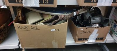 Two boxes of assorted metalware and other household items to include pewter tankards, picture