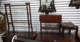 Woven leather topped stool on tapering supports, a mahogany drop-leaf coffee table and a mahogany