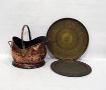 Two Middle Eastern brass/copper chargers and copper coal scuttle