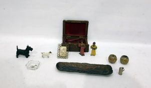 Cold painted model of a Jack Russell dog, another model of a terrier, a glass pin dish with