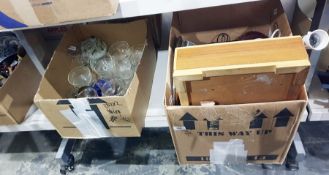 Two boxes of various glassware, collectables and silver plate to include, binoculars, Kodak, Nikon