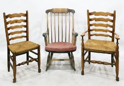 Two modern ladderback dining chairs on turned supports and front stretchers and a stickback