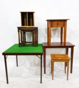 Folding card table, nest of three oak coffee tables, a pine CD rack, an inlaid lift-top coffee