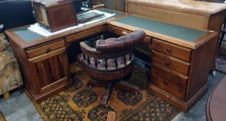 Lyon Furniture office corner desk with leatherette inset top and a brown button-back and seated