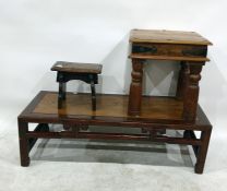 Chinese hardwood coffee table with later oak inset panel, small oak stool and a square topped