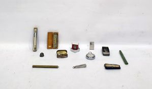 Thermometer in fitted wooden case, another thermometer in brass tubular case, two other glass