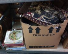 Box of cushions, blankets, throws and four jigsaws