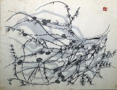 Tessa Beaver  Black and white print with red monogram seal mark  