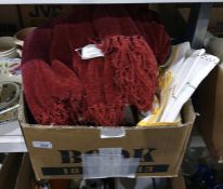 Box of various household items to include textiles, small wooden stool, ceramic elephant money