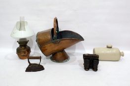 Various items including copper jelly moulds, oil lamp, pair of binoculars, stoneware hot water