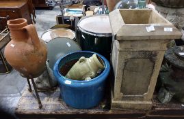 Stone square chimney pot together with jug on metal stand, stone Buddha, etc