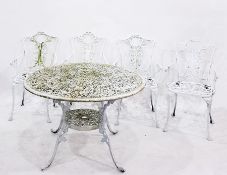 White painted circular garden table and six chairs ware and tear and appearance as expected with