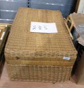 Wicker basket with vintage sewing items, Stratton compact, another vintage solver coloured metal