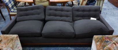 1970's Robin Day for 'Hille' three-seater sofa in brown upholstery, raised upon square section