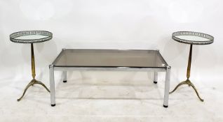 Pair of tripod tables with brass galleried circular mirrored tops upon brass and a modern