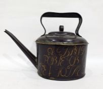19th century toleware teapot, burgundy ground with gilt lettering