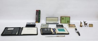 Two leather writing cases, Parker pens, a hip flask and other assorted items