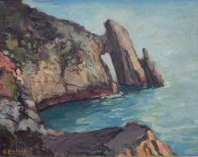 Guillermo Bastard-Canaves Oil on board Coastal scene with cliffs, signed lower left, paper labels