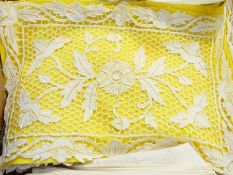 Assorted embroidered and other table linen, damask napkins, place mats, etc (1 box)