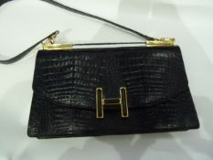 Vintage, 1960's, black crocodile handbag, labelled Selfridges International Collection, brass