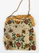 19th century metal-frame evening bag with chain, embroidered and beaded bag (with loss)