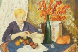 20th century  Oil on board  Study of figure cutting fruit, unsigned, 60cm x 90.5cm