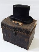 Vintage top hat labelled 'G A Dunn & Co, Piccadilly Circus' (some wear) within a tin box