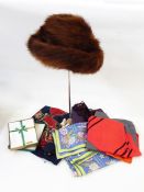 Musquash fur hat by Arnold Sefton, Edinburgh, a quantity of boxed handkerchiefs, silk scarves,