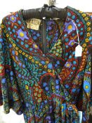 1970's maxi dress labelled 'Cresta', multi-coloured with wrap tie front, a cotton turquoise