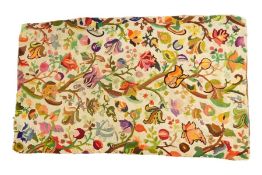 Wool crewelwork throw backed with silk (in parts worn), on linen, 115cm x 64cm approx and a small