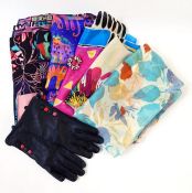 Quantity of silk scarves including Biba, a costume jewellery brooch with enamel and glass, shaped as