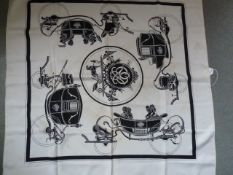 Hermes silk scarf, Ex-Libris horse and carriage by Hugo Grygkar (1946 design), black and cream