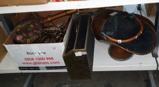 Copper helmet coal scuttle, a large table lamp, a vintage tapestry bag, assorted brassware, a copper
