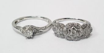 9ct white gold solitaire diamond ring and another similar 9ct white gold triple-cluster ring (2)
