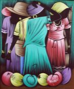 Pair oils on canvas African women with brightly coloured hats and fruit to the foreground, one