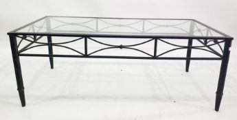 LOT WITHDRAWN Glass-topped and black painted iron-framed rectangular coffee table, 115cm x 43cm