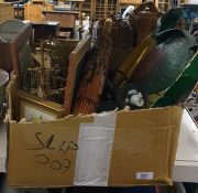 Assorted collectables including a lacquer parasol, wrought iron candlesticks, large papier-mache