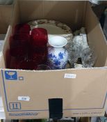 Six various cranberry glass style wine glasses, six cut glass sherry glasses, a Royal Doulton 'Leeds