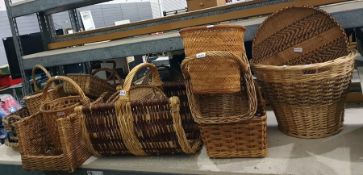 Large quantity of varying baskets including small log baskets, waste paper baskets, bread baskets,