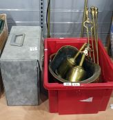 Helmet brass coal scuttle, three fire irons, pair of modern adjustable reading lamps in polished